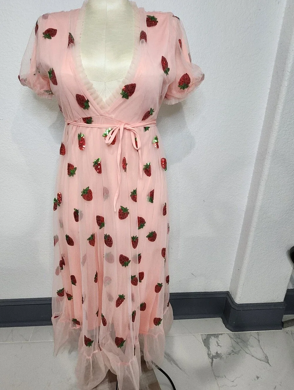 Sheer Pink Strawberry Embroidered Wrap Dress
